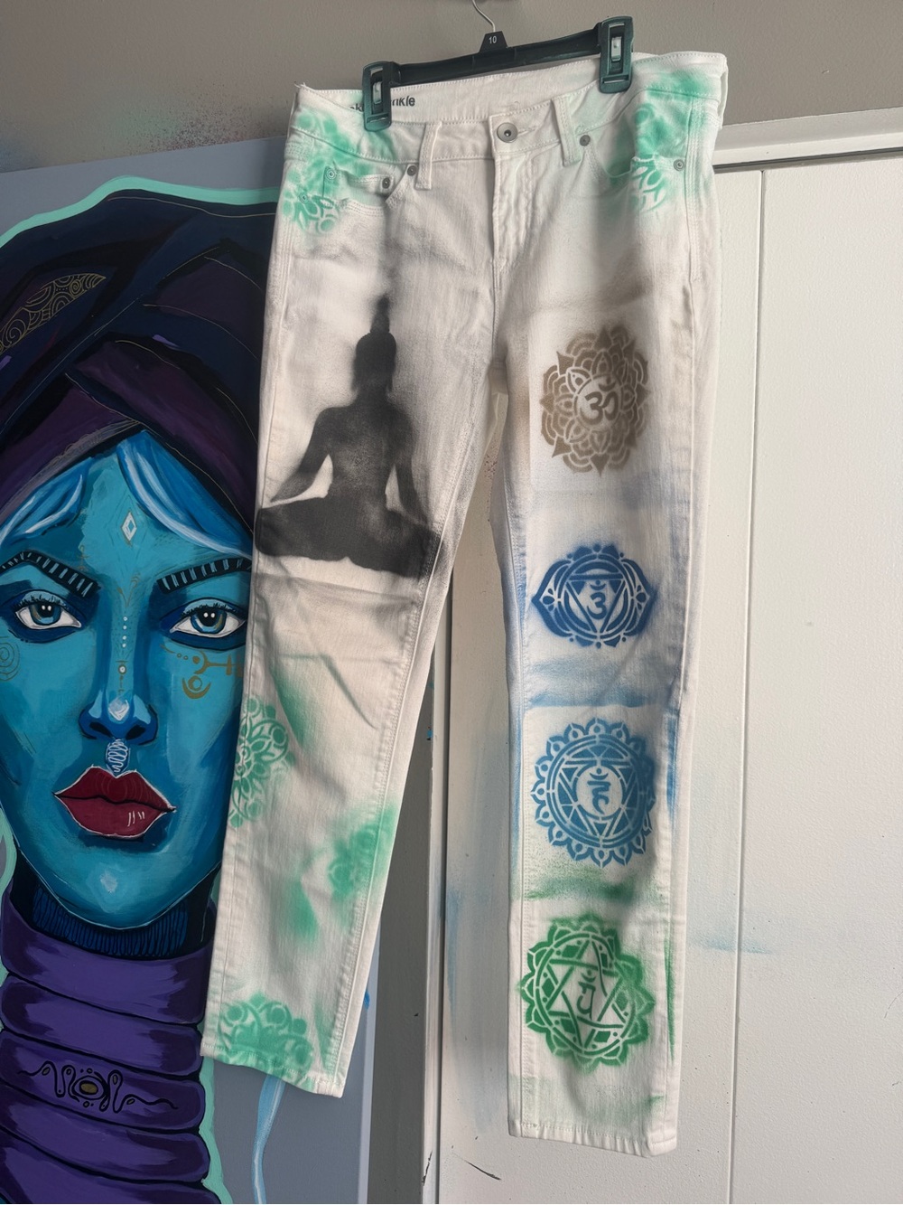 Custom Hand Painted Buddha Seven Chakras Jeans Size 30/10 Skinny Ankle